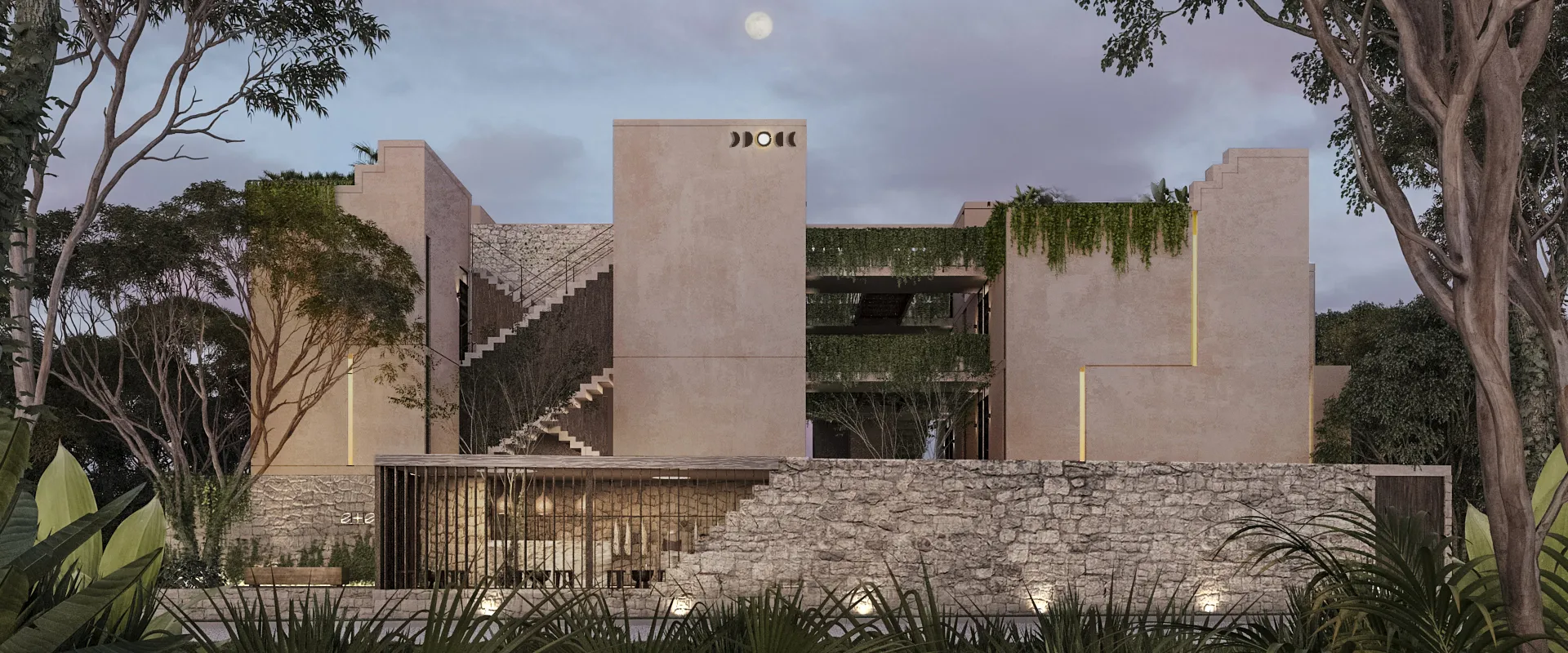 Fachada principal de Eterna Residences en Tulum con arquitectura contemporánea y vegetación tropical
